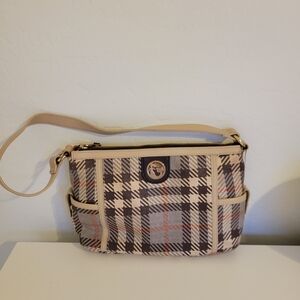 Vintage Spartina 449 Tan Plaid Shoulder Bag with Natural Linen Geniune Leather